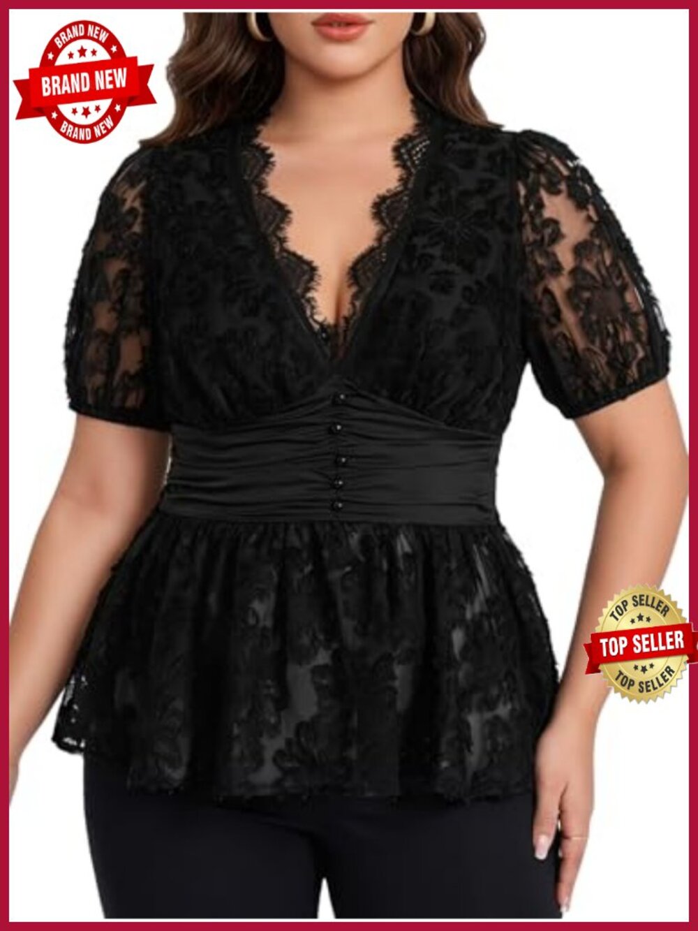 Women's Plus Size Lace Peplum Sheer Mesh T-Shirt Deep V-Neck Ruffle Top